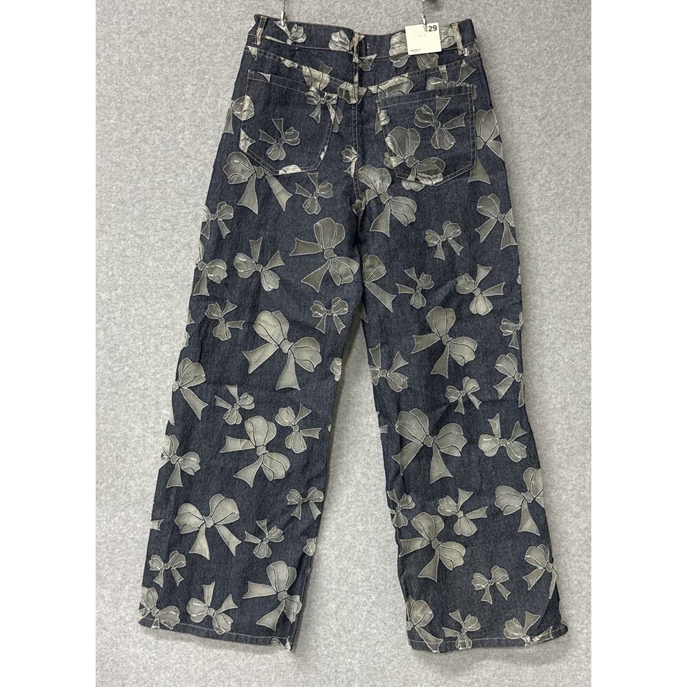 Forever 21 Premium Sheer Bow Denim Jeans High Rise Wide Leg Y2K Coquette 29 NWT - Picture 5 of 10